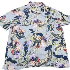 Tommy Bahama Mens Large Blue Tropical Floral Palm Short Sleeve Button Camp Shirt